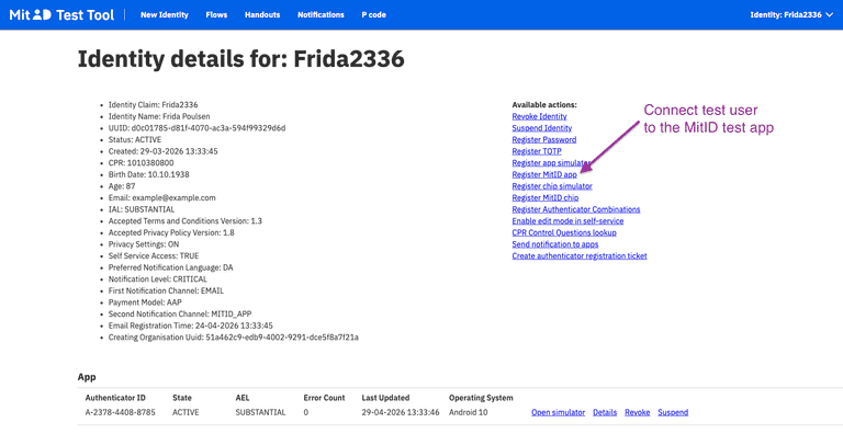 MitID test tool: register app